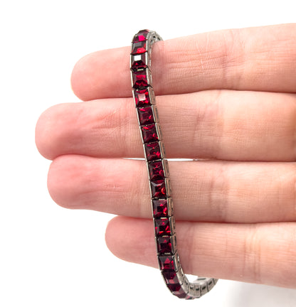 Vintage Art Deco French Cut Red paste Line Bracelet in Silver