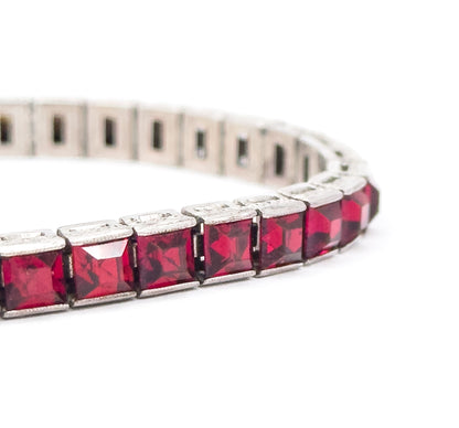 Vintage Art Deco French Cut Red paste Line Bracelet in Silver