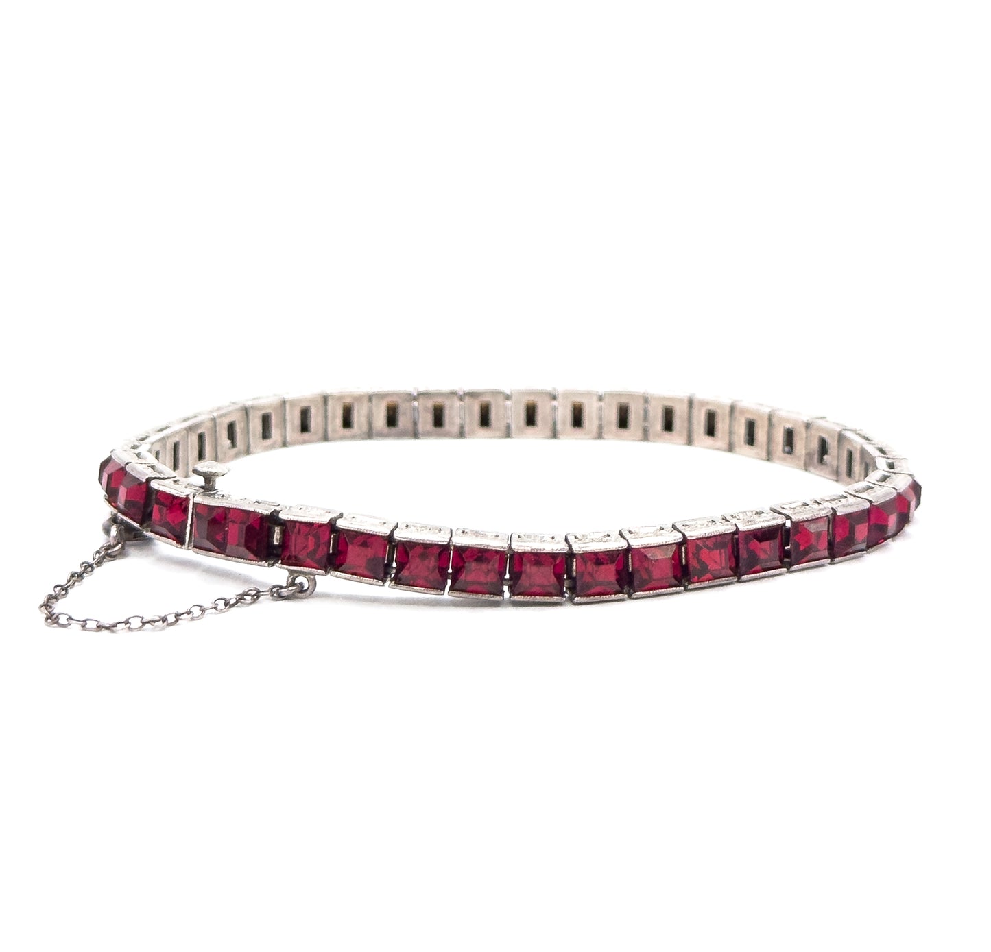 Vintage Art Deco French Cut Red paste Line Bracelet in Silver