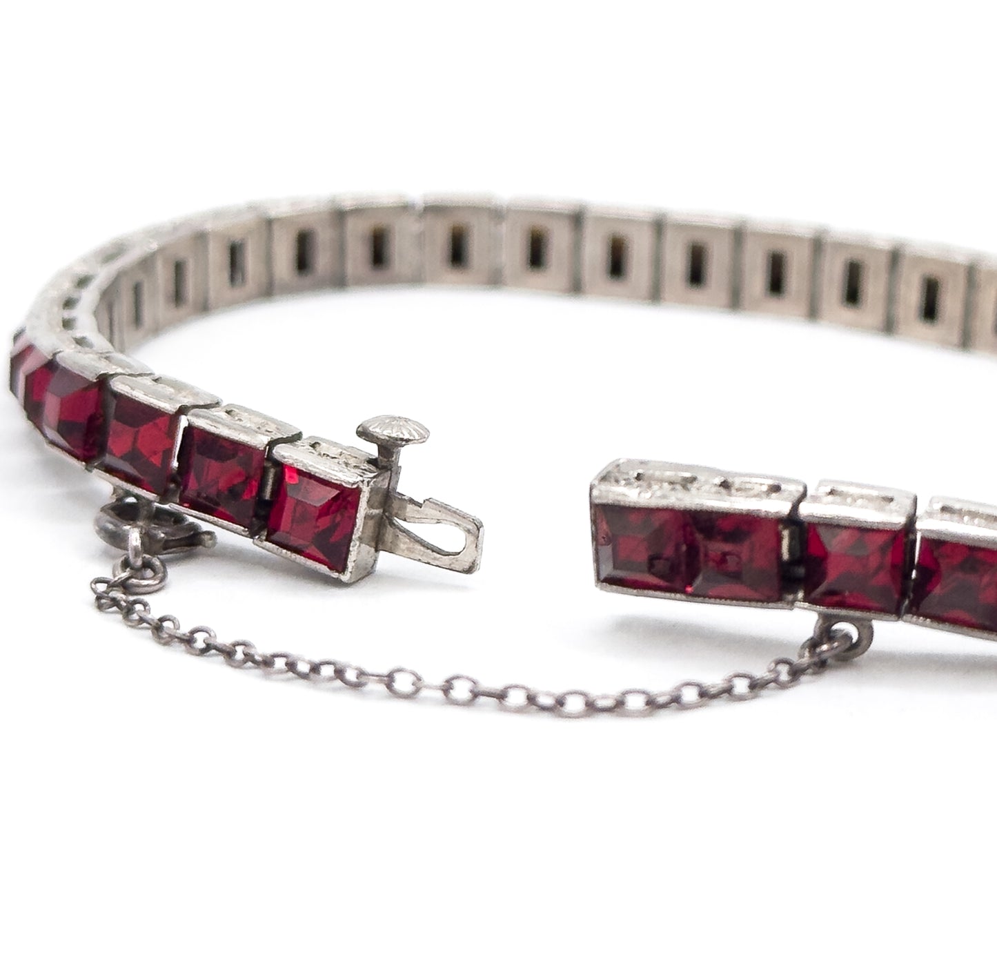Vintage Art Deco French Cut Red paste Line Bracelet in Silver