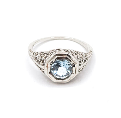 Art Deco Filigree Aquamarine Ring in 14K White Gold  - As found