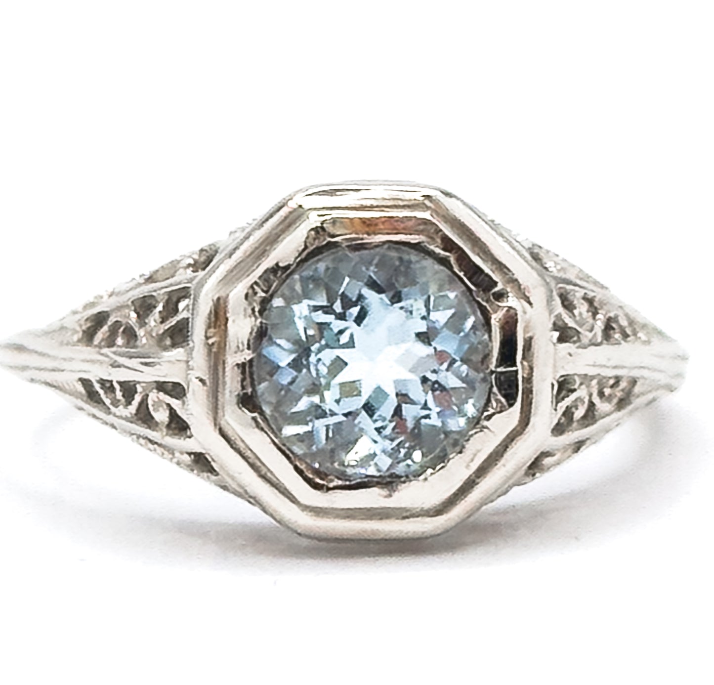 Art Deco Filigree Aquamarine Ring in 14K White Gold  - As found