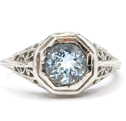 Art Deco Filigree Aquamarine Ring in 14K White Gold  - As found