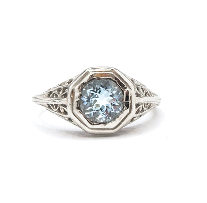 Art Deco Filigree Aquamarine Ring in 14K White Gold  - As found