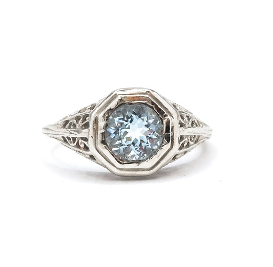 Art Deco Filigree Aquamarine Ring in 14K White Gold  - As found