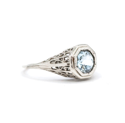 Art Deco Filigree Aquamarine Ring in 14K White Gold  - As found