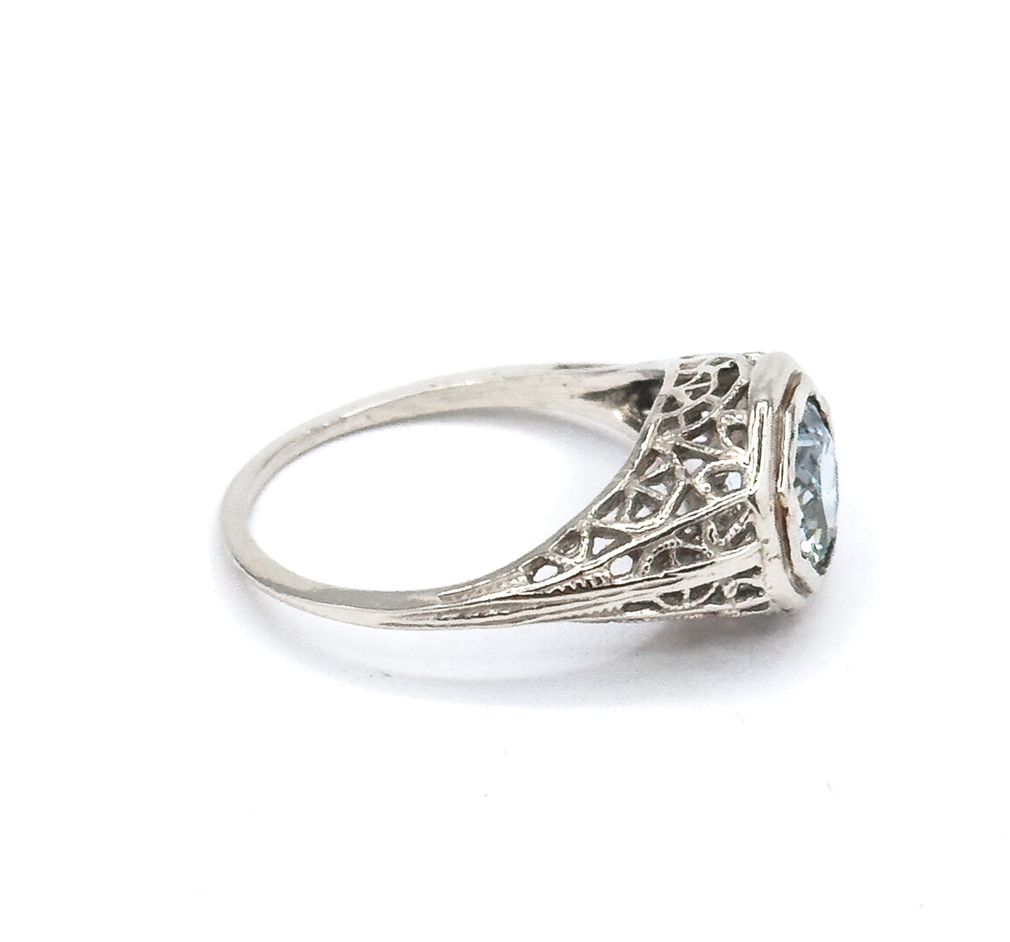 Art Deco Filigree Aquamarine Ring in 14K White Gold  - As found