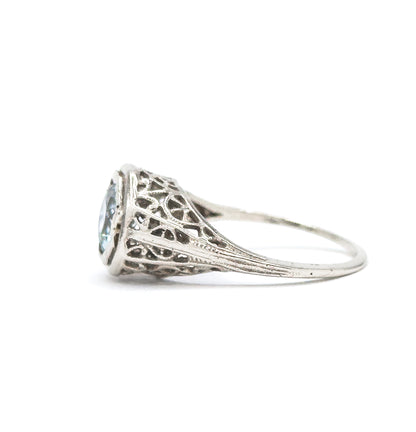 Art Deco Filigree Aquamarine Ring in 14K White Gold  - As found