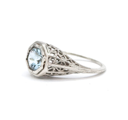 Art Deco Filigree Aquamarine Ring in 14K White Gold  - As found