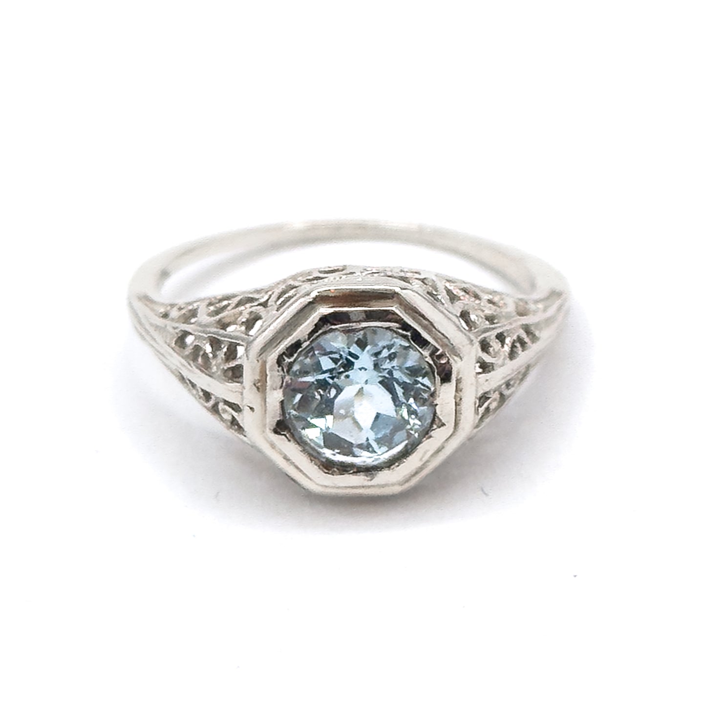 Art Deco Filigree Aquamarine Ring in 14K White Gold  - As found