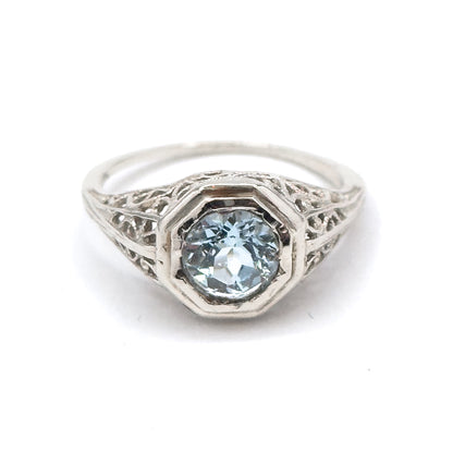 Art Deco Filigree Aquamarine Ring in 14K White Gold  - As found