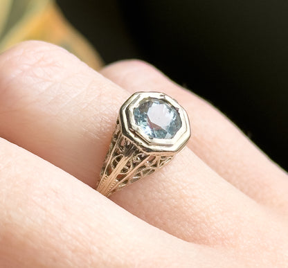 Art Deco Filigree Aquamarine Ring in 14K White Gold  - As found