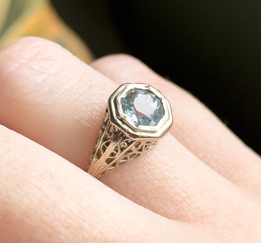 Art Deco Filigree Aquamarine Ring in 14K White Gold  - As found
