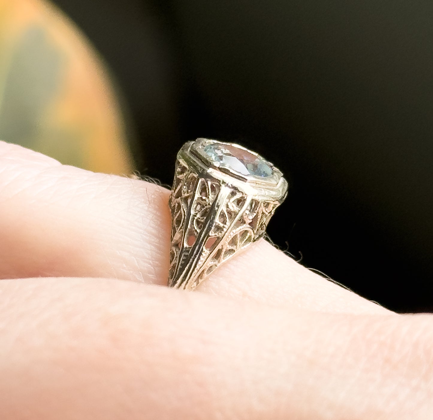 Art Deco Filigree Aquamarine Ring in 14K White Gold  - As found