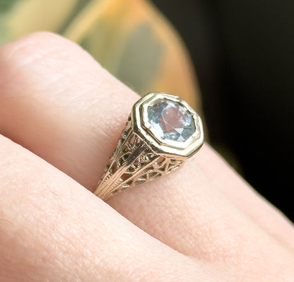 Art Deco Filigree Aquamarine Ring in 14K White Gold  - As found