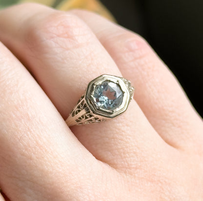 Art Deco Filigree Aquamarine Ring in 14K White Gold  - As found