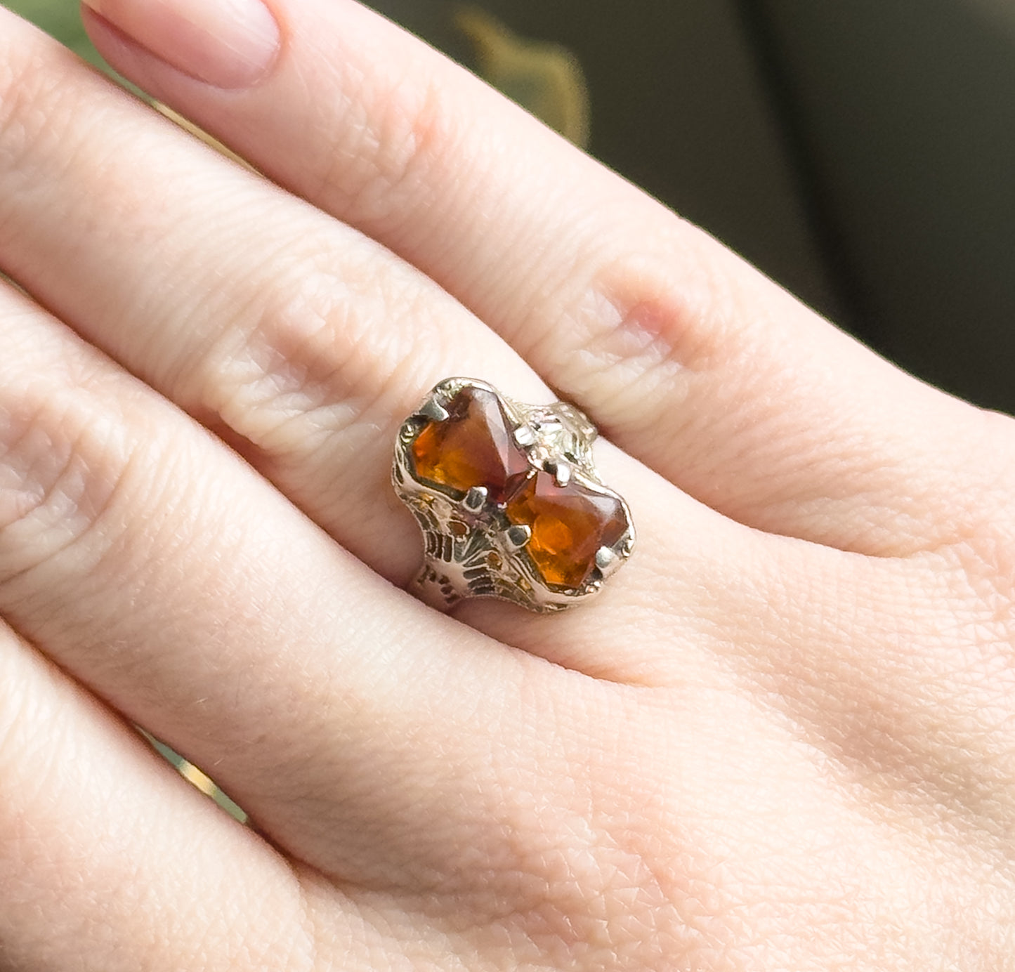 Art Deco Toi et Moi Citrine Filigree Ring in White Gold