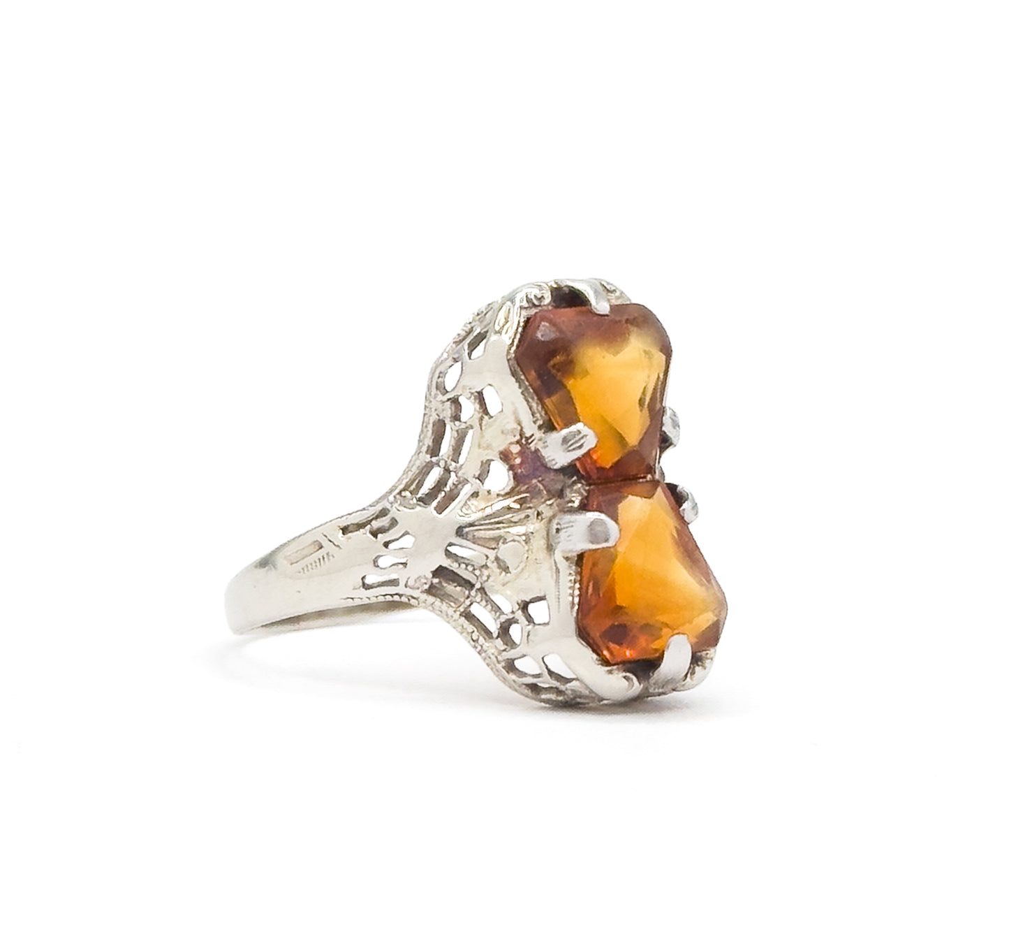 Art Deco Toi et Moi Citrine Filigree Ring in White Gold
