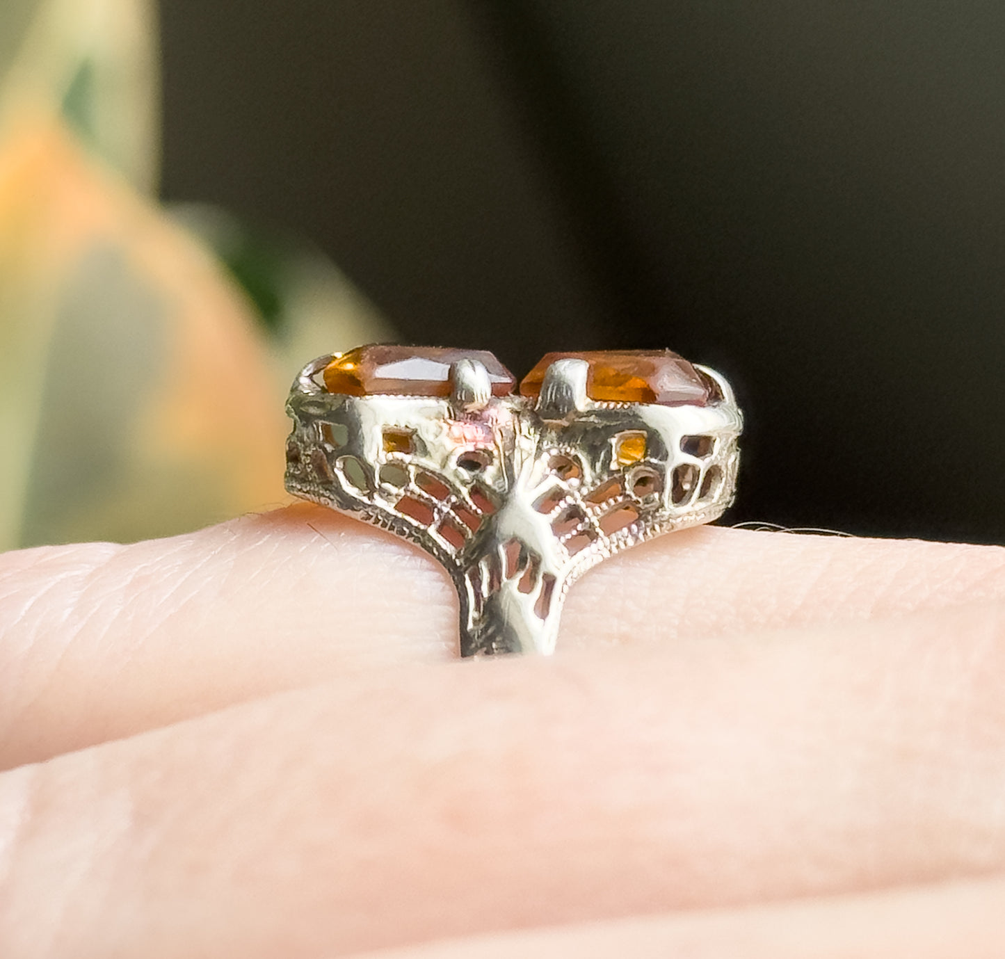 Art Deco Toi et Moi Citrine Filigree Ring in White Gold