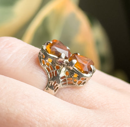 Art Deco Toi et Moi Citrine Filigree Ring in White Gold
