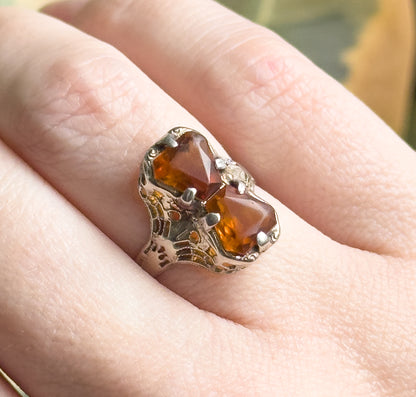 Art Deco Toi et Moi Citrine Filigree Ring in White Gold