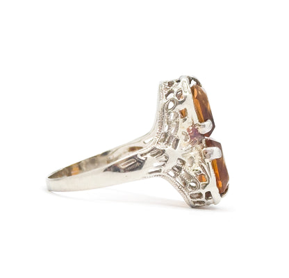 Art Deco Toi et Moi Citrine Filigree Ring in White Gold