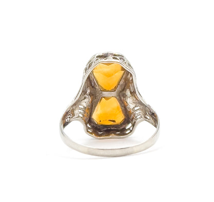 Art Deco Toi et Moi Citrine Filigree Ring in White Gold
