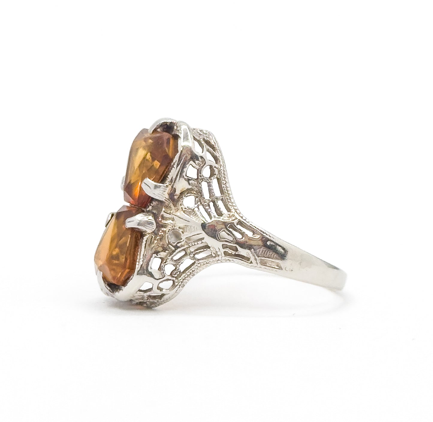 Art Deco Toi et Moi Citrine Filigree Ring in White Gold
