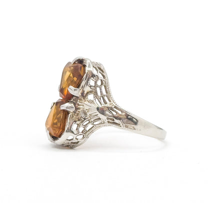 Art Deco Toi et Moi Citrine Filigree Ring in White Gold