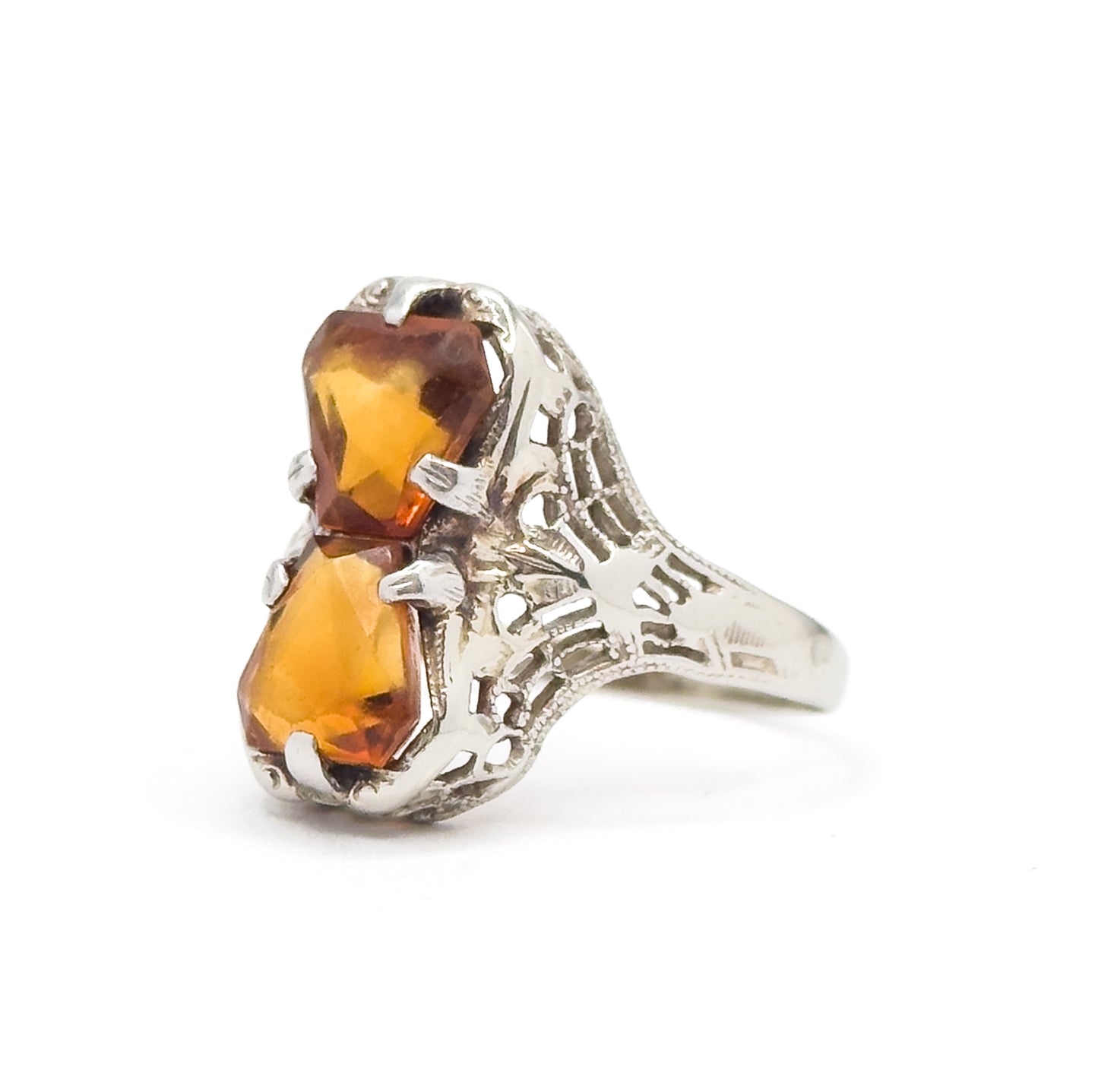 Art Deco Toi et Moi Citrine Filigree Ring in White Gold