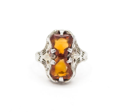 Art Deco Toi et Moi Citrine Filigree Ring in White Gold