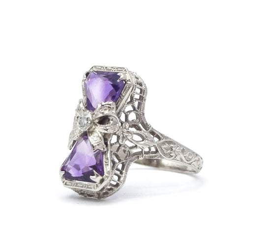 Art Deco Toi et Moi Amethyst Filigree Ring in 14K White Gold