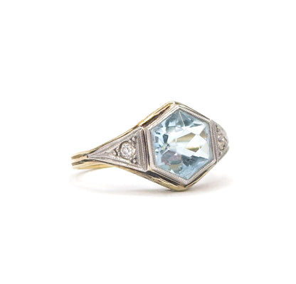 Art Deco Hexagonal Aquamarine Ring in Gold & Platinum