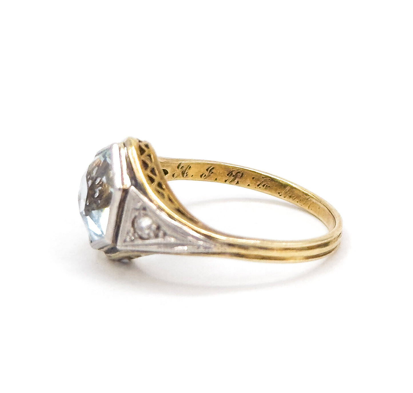 Art Deco Hexagonal Aquamarine Ring in Gold & Platinum