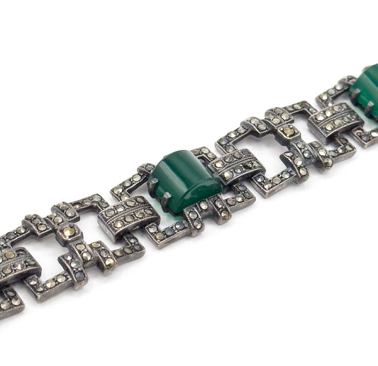 Art Deco Green Chalcedony & Marcasite Bracelet in Sterling Silver
