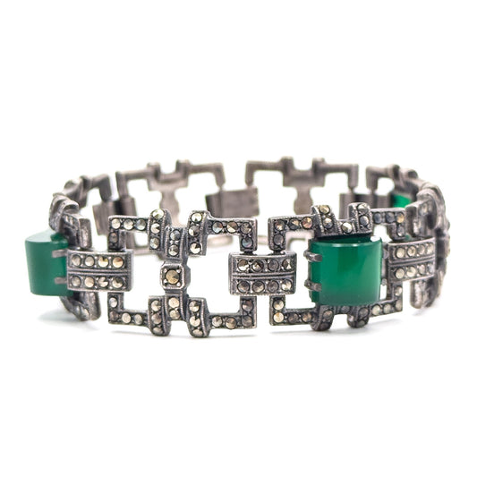 Art Deco Green Chalcedony & Marcasite Bracelet in Sterling Silver
