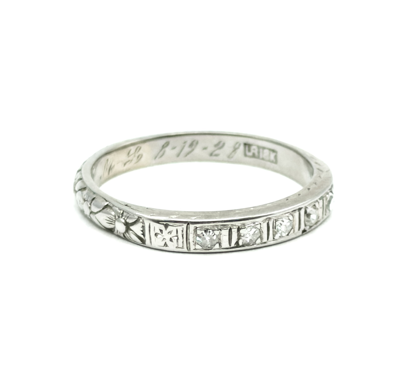 Art Deco Diamond Band with Flowers and Sentimental engraving in White Gold