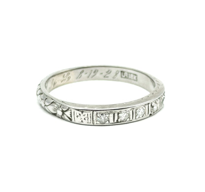Art Deco Diamond Band with Flowers and Sentimental engraving in White Gold