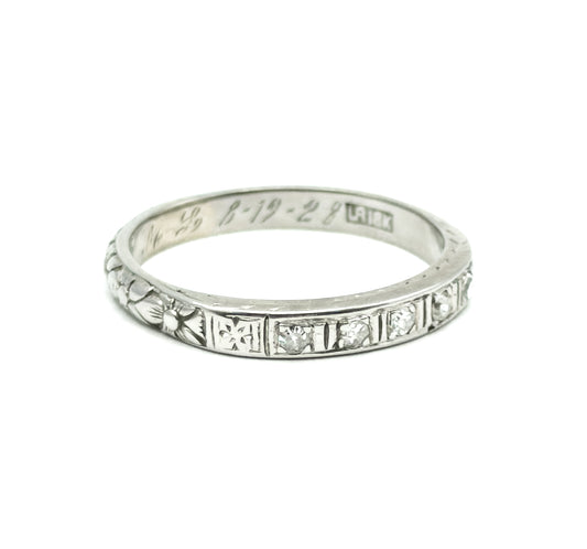 Art Deco Diamond Band with Flowers and Sentimental engraving in White Gold
