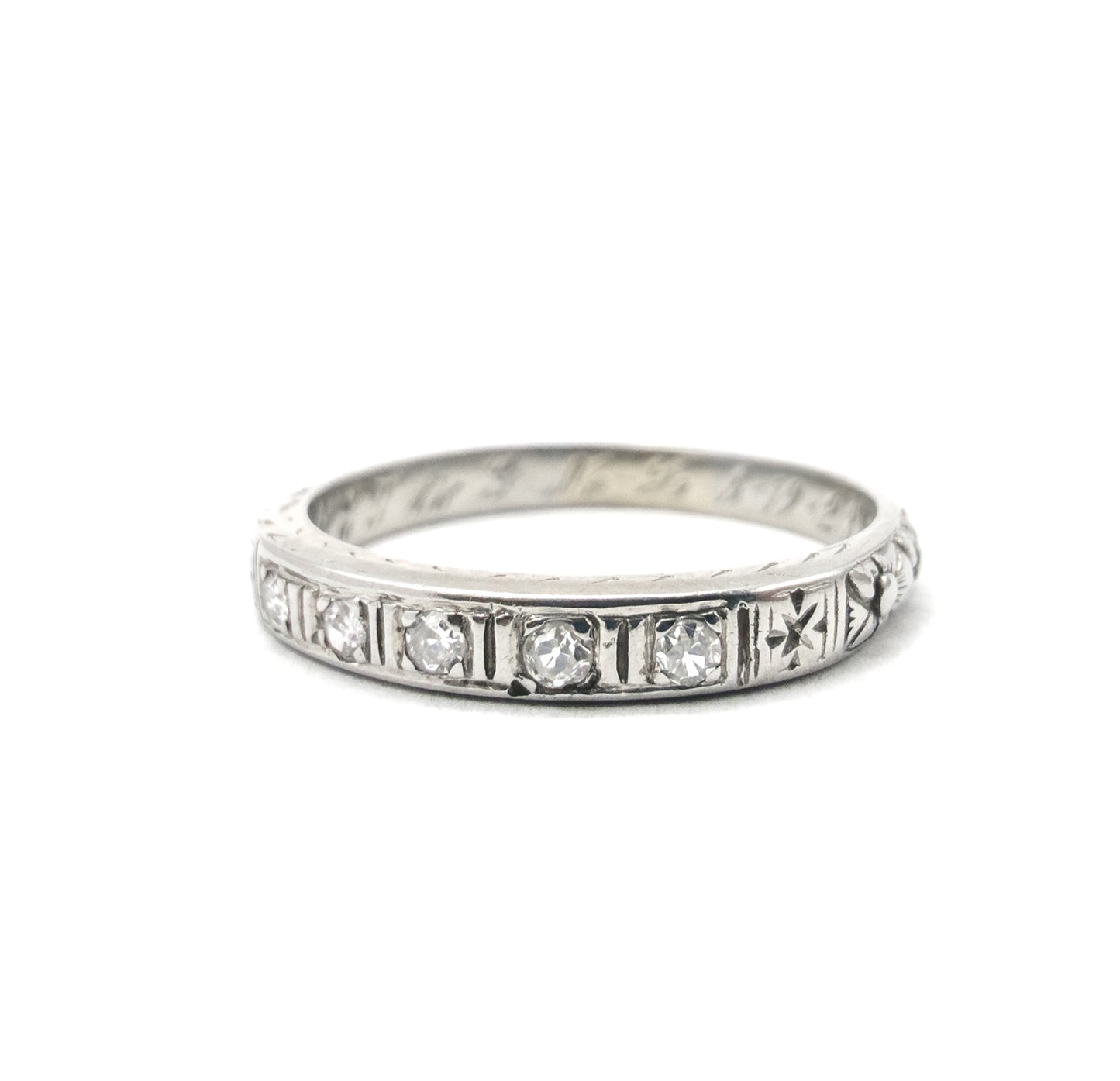 Art Deco Diamond Band with Flowers and Sentimental engraving in White Gold