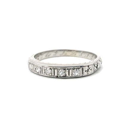 Art Deco Diamond Band with Flowers and Sentimental engraving in White Gold
