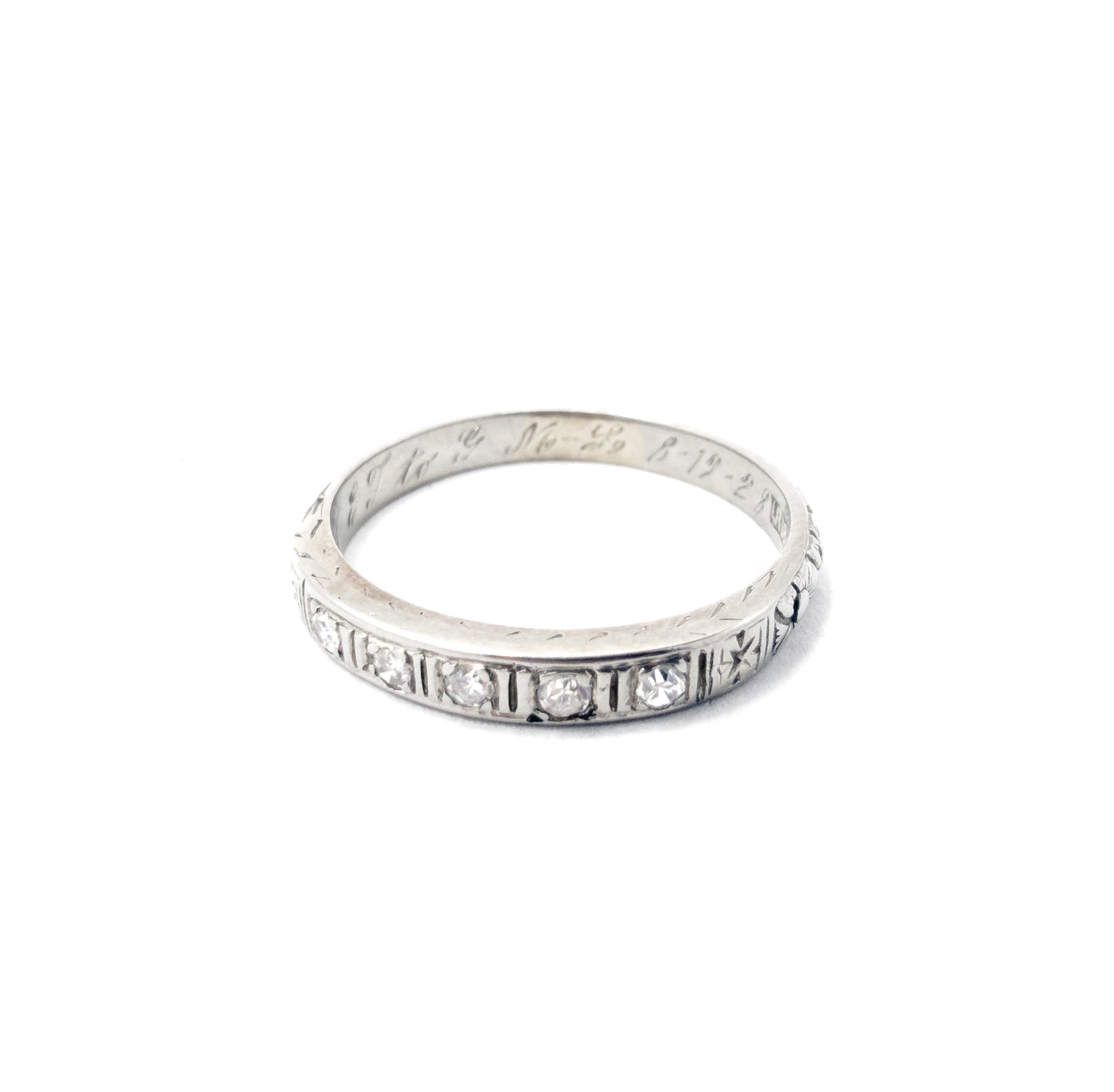 Art Deco Diamond Band with Flowers and Sentimental engraving in White Gold