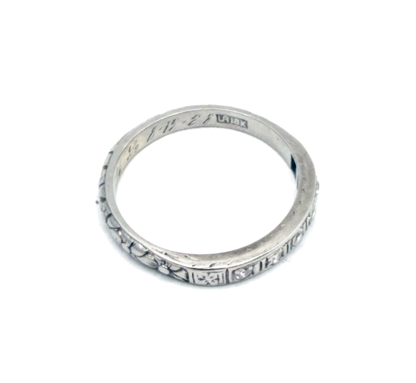 Art Deco Diamond Band with Flowers and Sentimental engraving in White Gold