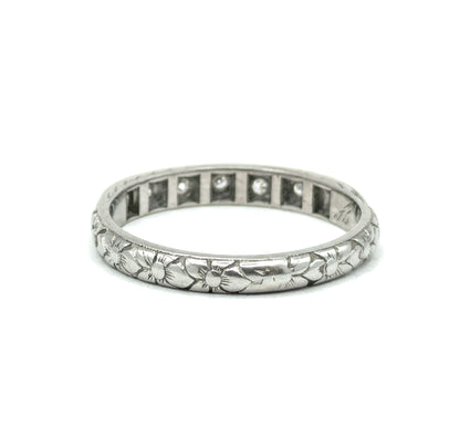 Art Deco Diamond Band with Flowers and Sentimental engraving in White Gold