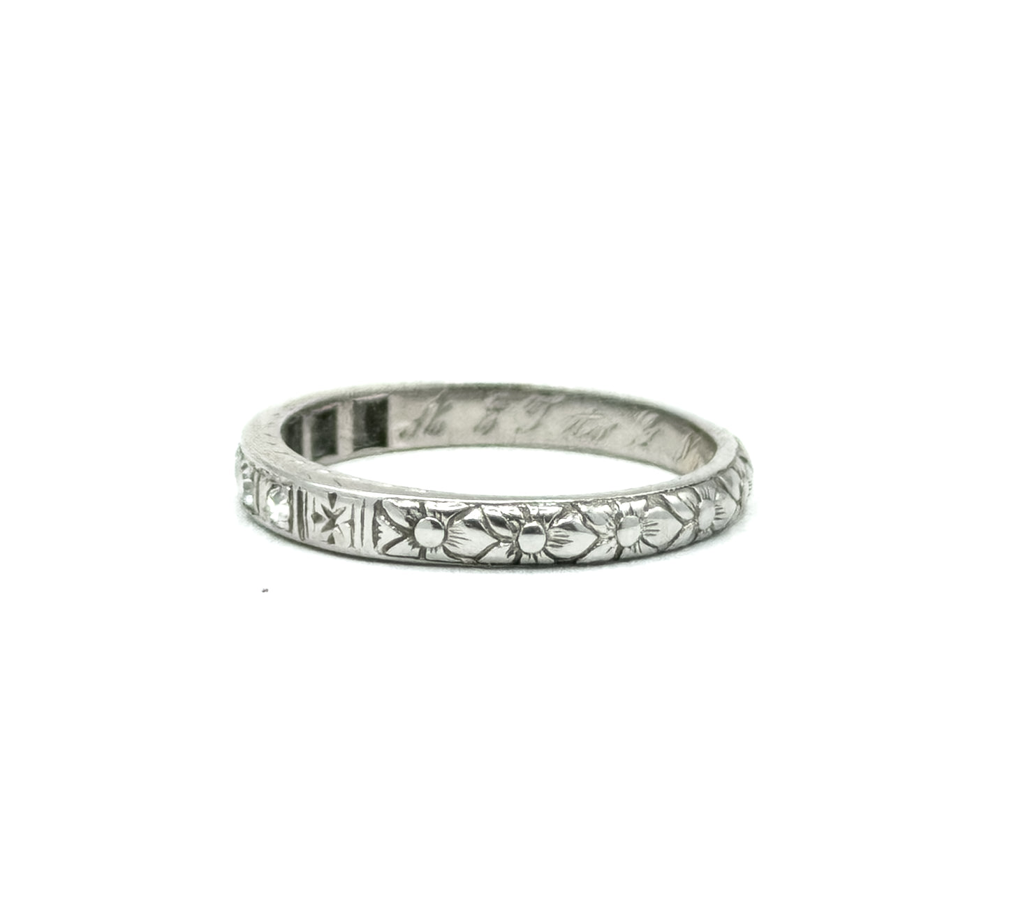 Art Deco Diamond Band with Flowers and Sentimental engraving in White Gold
