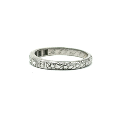 Art Deco Diamond Band with Flowers and Sentimental engraving in White Gold