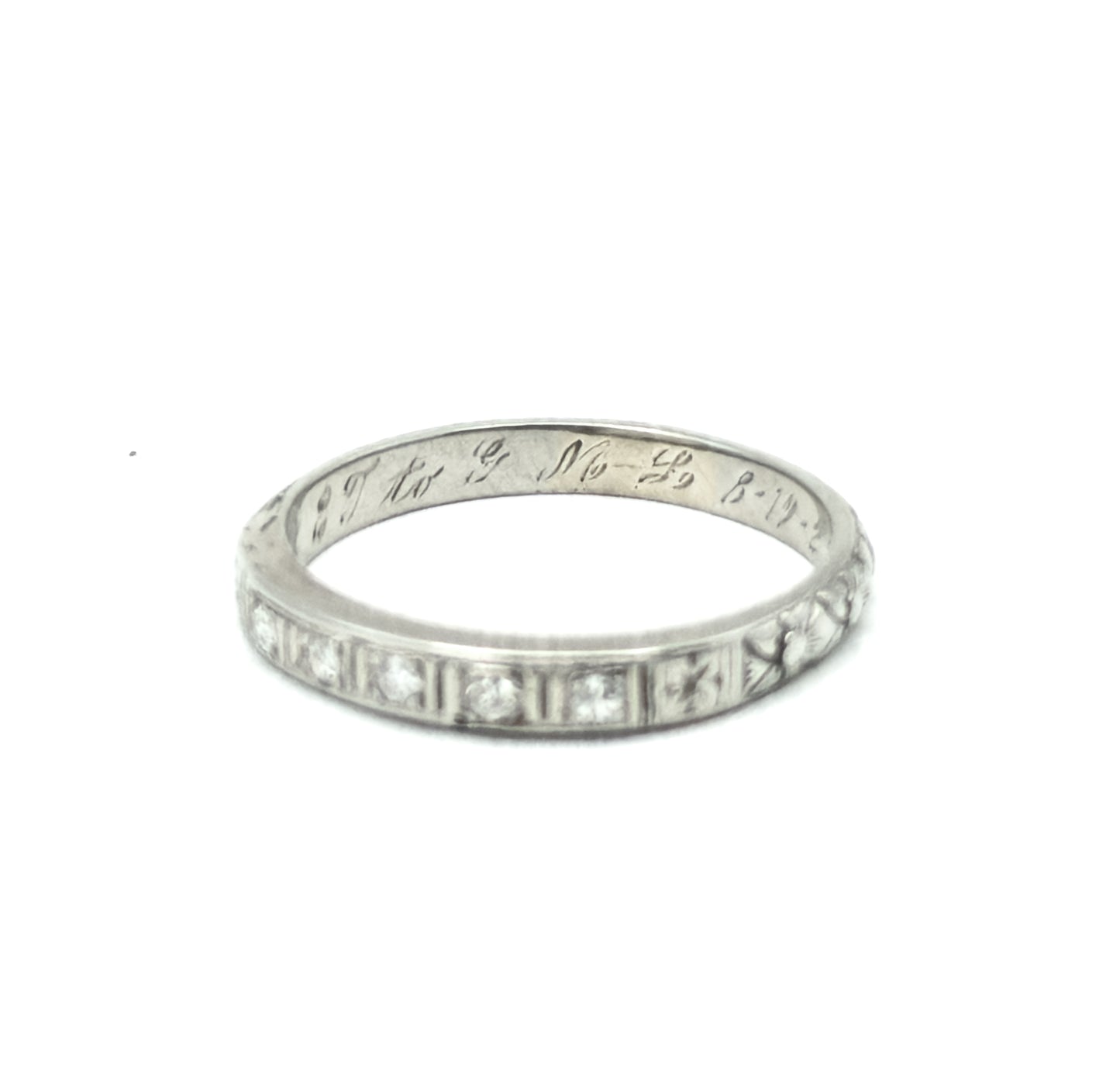 Art Deco Diamond Band with Flowers and Sentimental engraving in White Gold