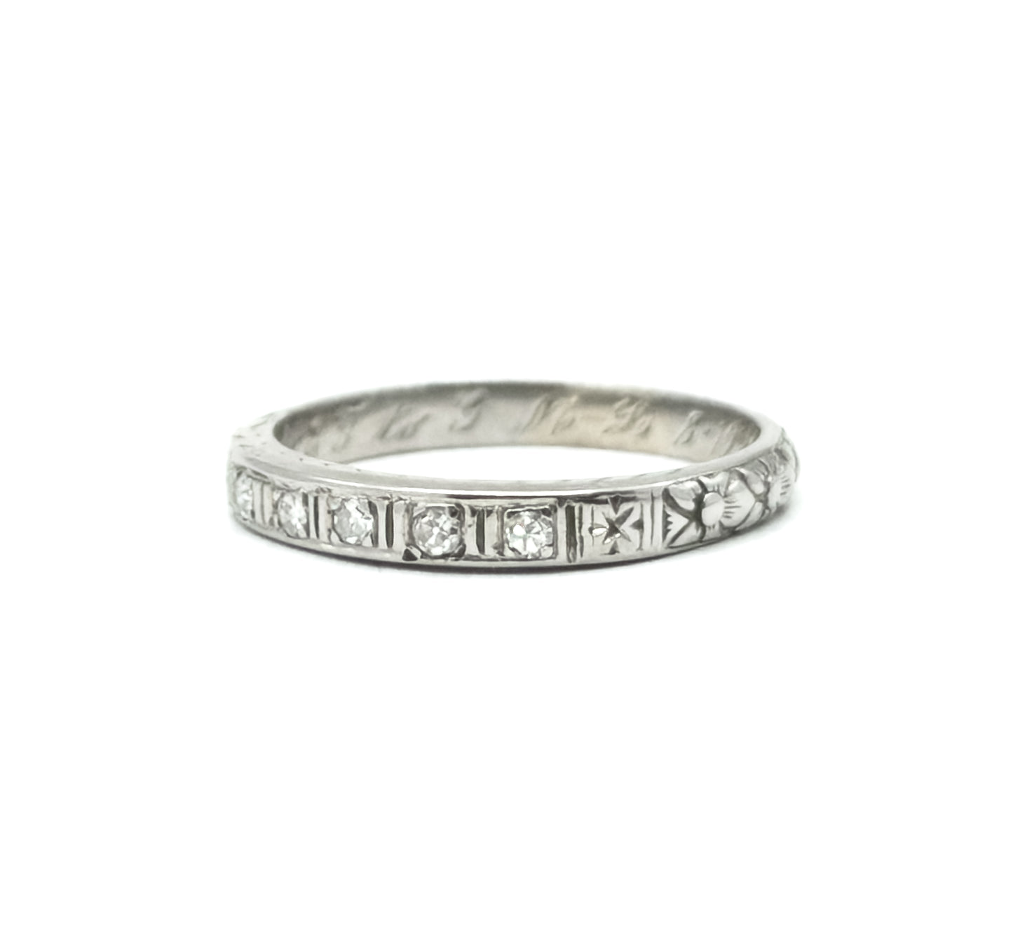 Art Deco Diamond Band with Flowers and Sentimental engraving in White Gold