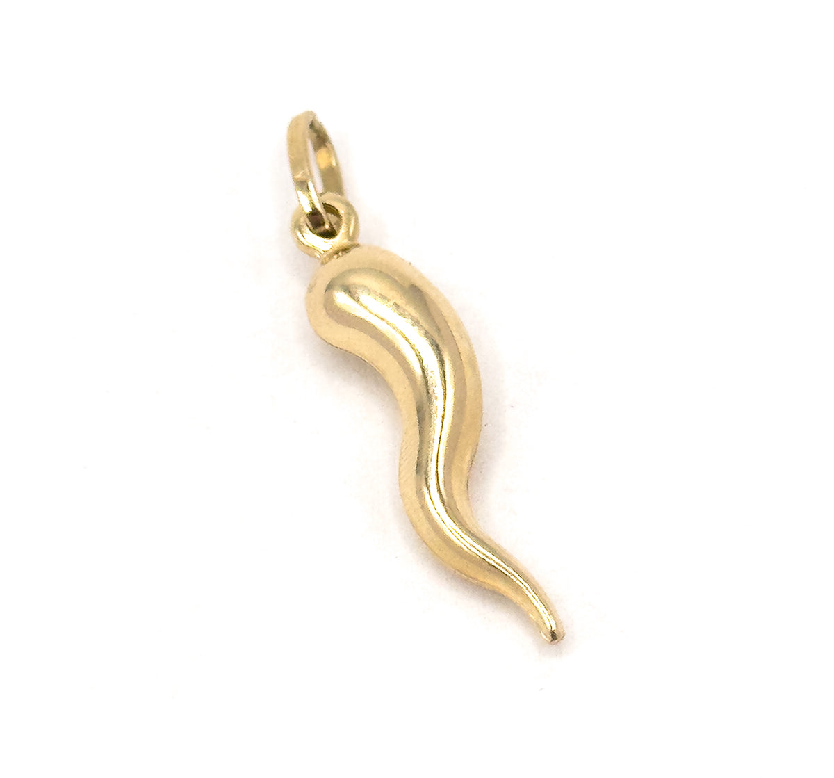 Vintage Italian yellow gold puffy cornicello charm, shown upright against a plain white background, the twisting horn tapering to a point below a small round bale.