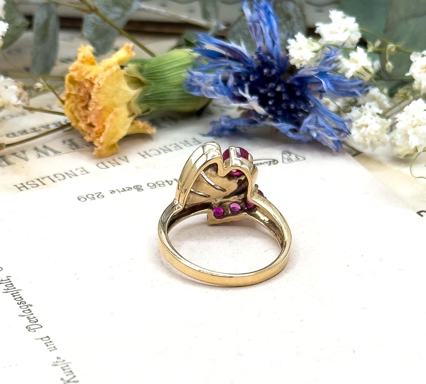 Retro Ruby Ring in 10K Yellow Gold and White Gold Two Tone Vintage 1940s Retro Era Jewelry Volute Ring synthetic Ruby Ring Pink Gemstone fun